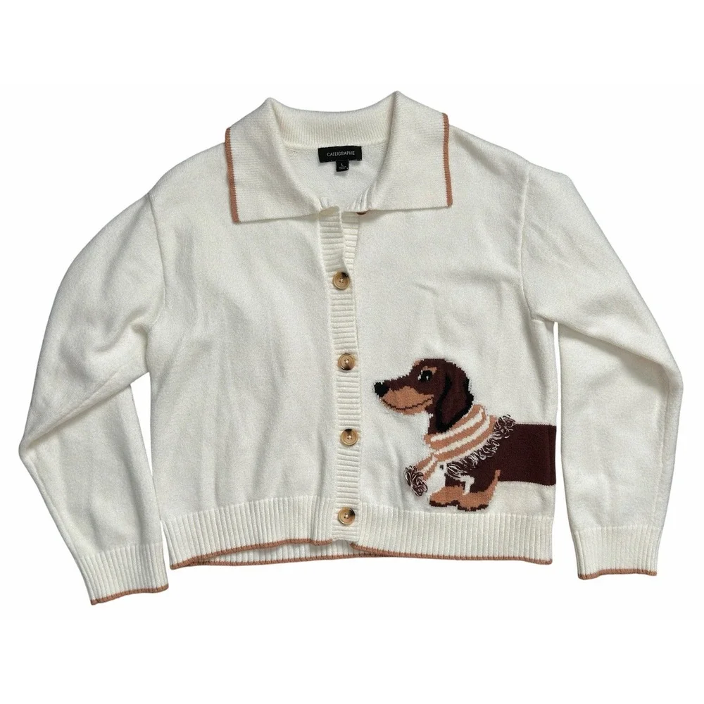 Ivory Brown Dachshund Dog Cardigan Sweater Calligraphie Size Large L